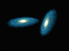 Két galaxist ábrázoló művészi illusztráció.