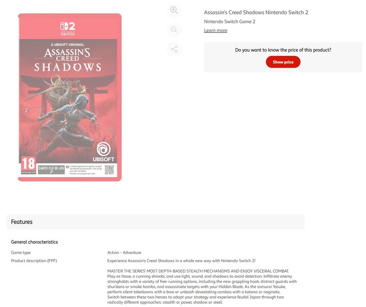 Assassin's Creed Shadows Switch 2 Auchan lista (Kép forrása: screenshot, Auchan)