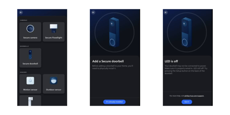 A Philips Hue Secure ajtócsengőt kiszúrták a márka alkalmazásában. (Kép forrása: Philips Hue app)