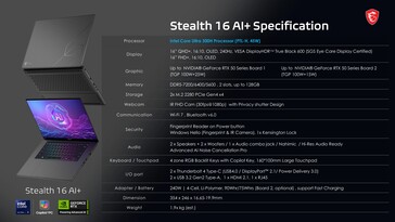 MSI Stealth 16 AI+: Műszaki adatok. (Kép forrása: MSI)