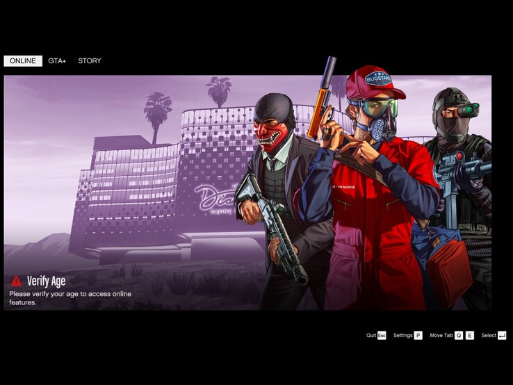 A GTA Online kezdőképernyője az életkor ellenőrzésére vonatkozó felszólítással. (Kép forrása: Tez2 on X)