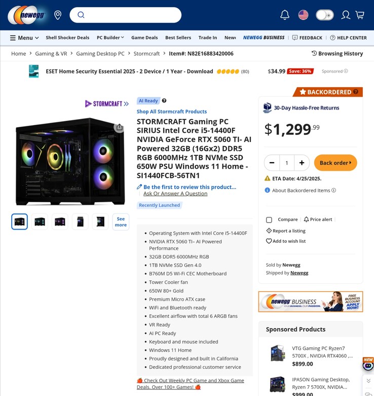 A legolcsóbb RTX 5060-as játék-PC a jelek szerint 1299,99 dollárba kerül majd. (Kép forrása: Newegg)