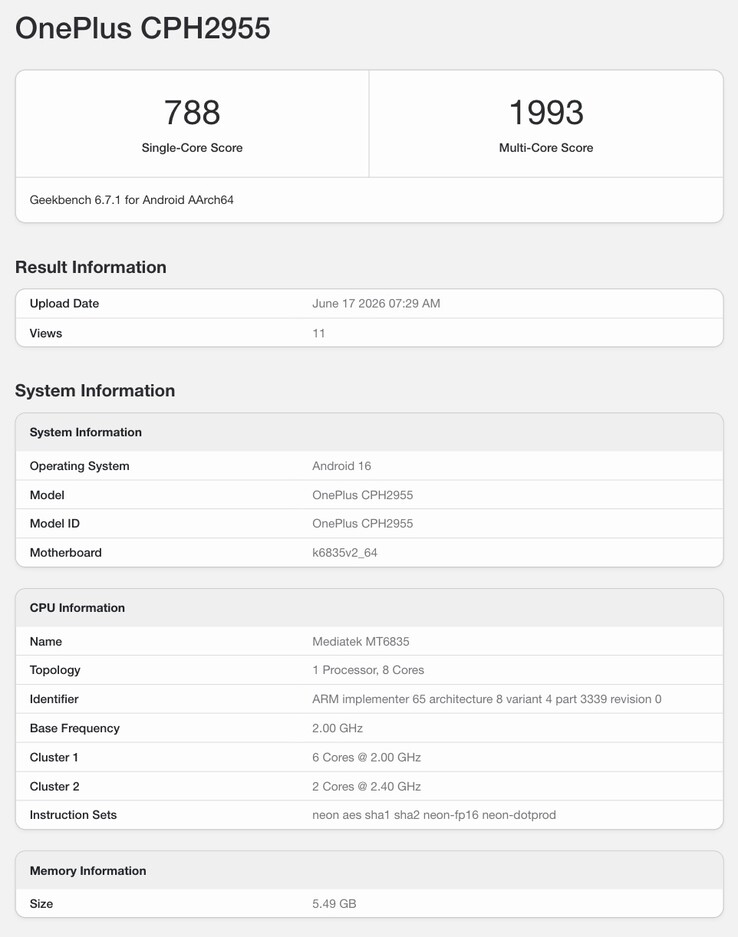 A OnePlus N6 állítólagos Geekbench-bejegyzése.