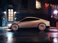 Egy nedves városi utcán parkoló Tesla Cab éjszaka, elegáns, futurisztikus dizájnnal, fedett kerekekkel. (Kép forrása: Tesla)
