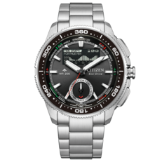A Citizen Promaster Wave Tracker JV3001-53E előlapi termékképe rozsdamentes acél szíjjal, fekete lünettával és hibrid analóg-digitális yacht timer számlapjával.