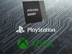 PlayStation és Xbox logók a Micron GDDR7 DRAM alatt (Kép forrása: Micron, Sony PlayStation, Xbox Gaming, szerkesztéssel)