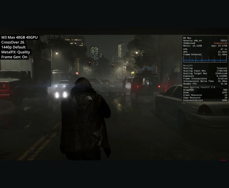 Resident Evil Requiem fut M3 Max Mac-en CrossOver 26-on keresztül 1440p-nél, MetalFX minőséggel és képkocka generálással, ami körülbelül 87 FPS-t mutat.