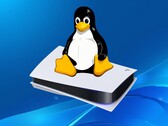 Tux Linux-logó a PS5 konzol felett látható