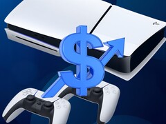 PS5 konzol dollárjellel és felfelé mutató nyíllal (Kép forrása: Sony PlayStation szerkesztéssel)