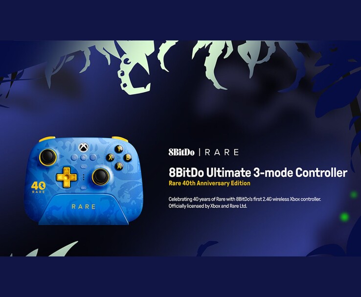 A 8BitDo Ultimate 3-mode Controller Rare 40th Anniversary Edition hivatalos promója, amely bemutatja a vezérlő dizájnját és márkajelzését. (Kép forrása: Hivatalos 8BitDo promóciós plakát)