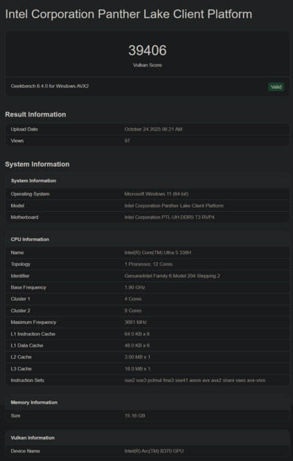 Intel Core Ultra 5 328H Geekbench lista (kép forrása: Geekbench)