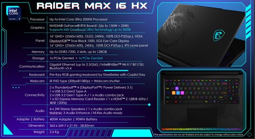 MSI Raider 16 Max HX specifikációk (Kép forrása: MSI PR)