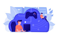 Cloud gaming illusztráció több felhasználóval, akik központi infrastruktúrán keresztül kapcsolódnak (Kép forrása: vectorjuice via Freepik)