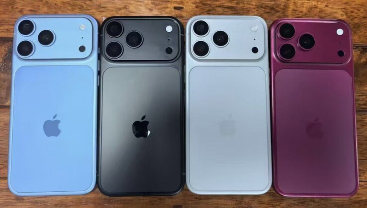 A kiszivárgott iPhone 18 Pro dizájnmodellek világoskék, fekete, ezüst és sötét cseresznye színváltozatokat mutatnak.