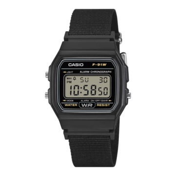 Casio F-91WF-1A digitális karóra fekete tokban és fekete szövött szíjjal.