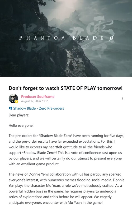 Liang Qiwei, az S-Game képviselője beszámolt a Phantom Blade Zero előrendeléseinek aktuális állásáról