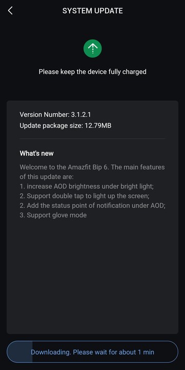 Az Amazfit Bip 6 okosóra 3.1.2.1 verziójának kiadási megjegyzései. (Kép forrása: u/Grand_Permission3151 via Reddit)