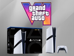 PS5 Pro konzol a GTA 6 logója alatt (Kép forrása: Sony PlayStation, Rockstar Games szerkesztéssel)