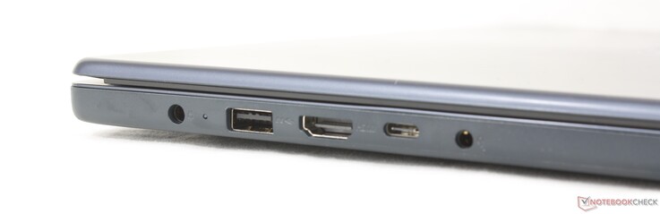 Bal oldalon: hálózati adapter, USB-A (5 Gbps), HDMI 1.4, USB-C (5 Gbps) Power Delivery 3.0-val és DisplayPort 1.2-vel, 3,5 mm-es fejhallgató-csatlakozó