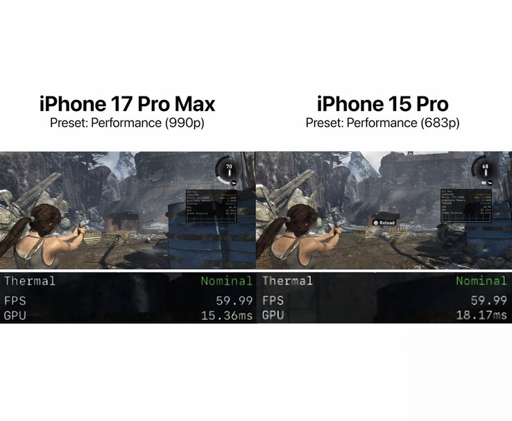 Tomb Raider teljesítménymód összehasonlítás, amely a játékmenetet mutatja iPhone 17 Pro Max és iPhone 15 Pro készülékeken, belső felbontással, FPS és hőmérők megjelenítésével