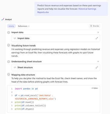 Az elemző ügynök az OpenAI o3-mini és a Python programozási képességeit használja a vállalati adatok elemzésére, mint egy adatelemző. (Kép forrása: Microsoft)