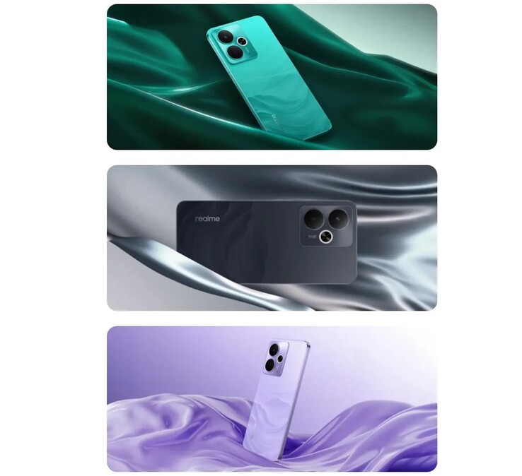 A Realme 14T 5G szatén ihlette obszidián fekete, szörfzöld és villámlila színváltozatokban kapható (Kép forrása: Realme)