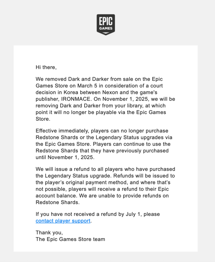 (Kép forrása: Epic Games Store e-mailben)