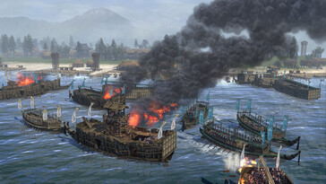 A Total War: Shogun 2 című játékból származó kép, amely egy tengeri csatát ábrázol.