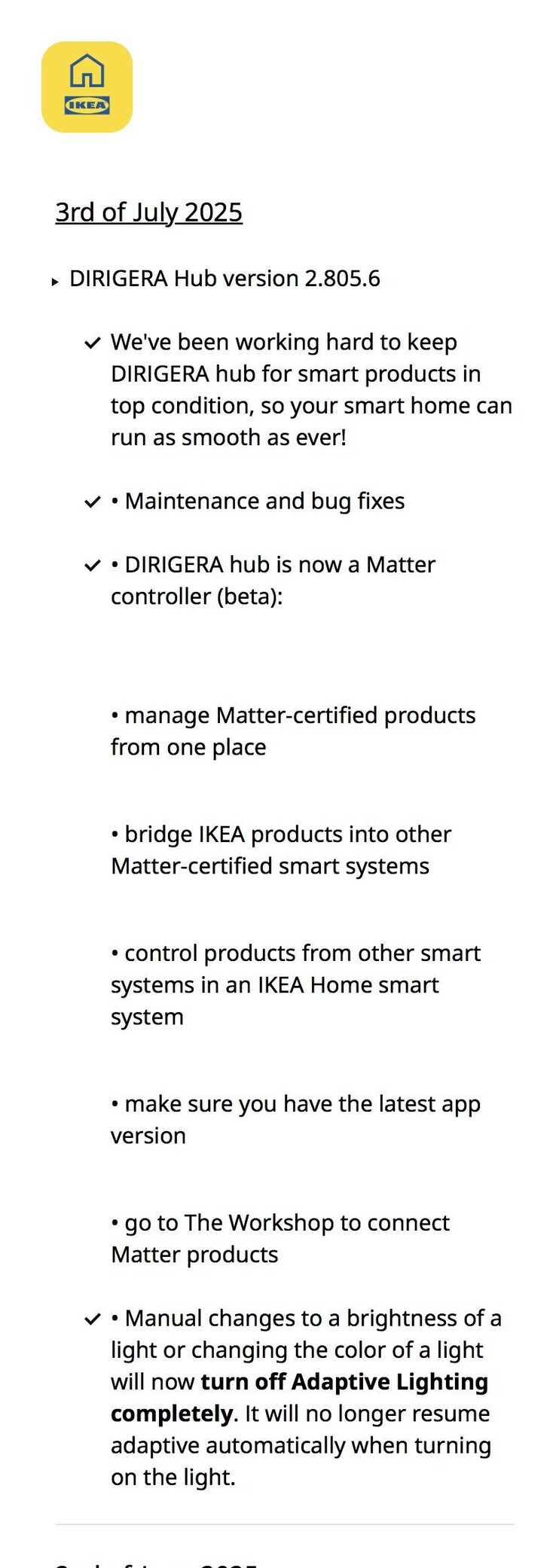 Az IKEA Dirigera Hub szoftver 2.805.6 verziójának kiadási megjegyzései. (Kép forrása: IKEA via Reddit)
