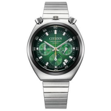 A Citizen Tsuno Chronograph AN3714-76W elölnézete, zöld színátmenetes számlappal.