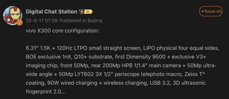 A Vivo X300 kiszivárgott specifikációi. (Kép forrása: Weibo - gépi fordítás)