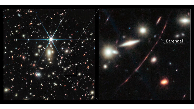 A bal oldali képen látható galaktikus halmaz megnöveli az Univerzum legtávolabbi csillagának vélt fényt a jobb oldali képen. (A kép forrása: NASA, ESA, CSA, D. Coe, B. Welch)