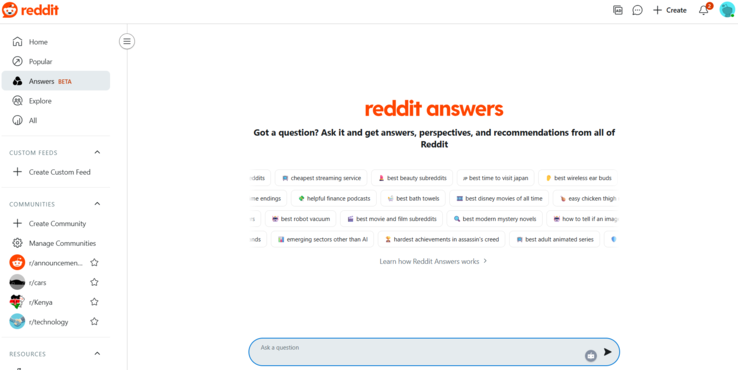 Reddit Answers oldal (Kép forrása: Reddit/Antony Muchiri)