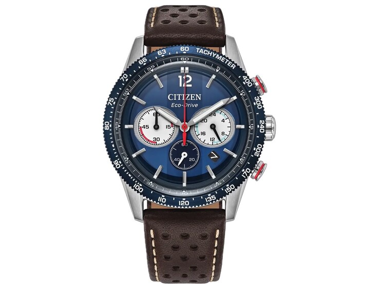Citizen Chrono Racing CA4716-09L ezüstszínű rozsdamentes acél tokban, kék tachyméter kerettel, sötétkék kronográf számlappal három kis számlappal, piros díszítéssel és perforált barna bőr szíjjal.