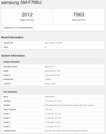 Exynos 2500 Geekbench listázás a Galaxy Z Flip 7-tel (kép forrása: Geekbench)