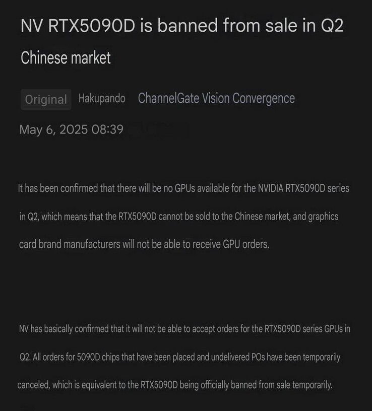 Az Nvidia állítólag leállította az RTX 5090D értékesítését. (Kép forrása: HXL on X, gépi fordítás)