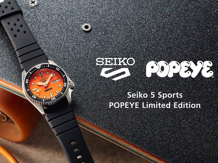 Alternatív szöveg: A Seiko 5 Sports x Popeye HDB013 modell ferde szögből készült képe, amelyen látható a narancssárga számlap, a fekete forgó keret és a rozsdamentes acél tok.