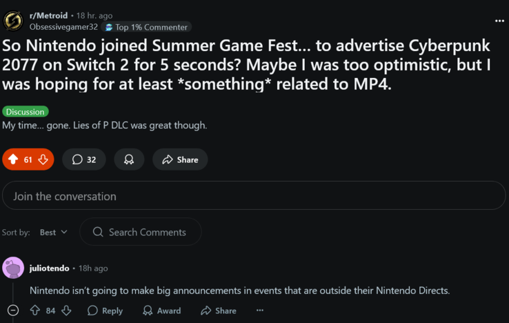 Summer Game Fest 2025 Nintendo rajongói reakció (Kép forrása: screenshot, Metroid subreddit)