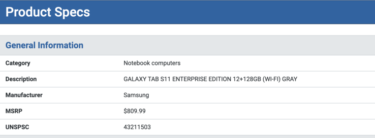A Galaxy Tab S11 Enterprise Edition listája. (Kép forrása: SHI)