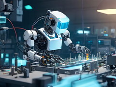 Egy kitalált robot ábrázolása egy ipari munkaterületen