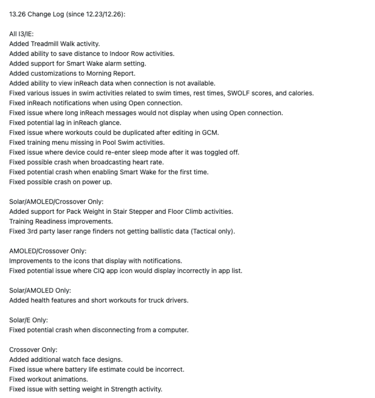 A Garmin 13.26-os rendszerszoftver módosítási naplója