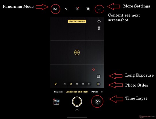 A Tájkép és az Éjszakai módok számos különböző funkciót tartalmaznak, sajnos meglehetősen véletlenszerűen elosztva.