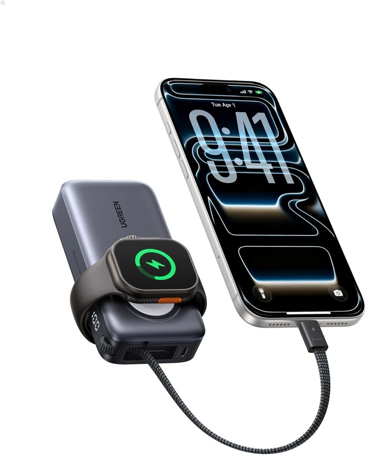 Az Ugreen Nexode 30W 10000mAh Power Bank a Apple Watch töltővel. (Kép forrása: Ugreen)