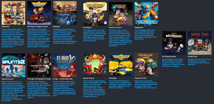 A Humble Bundle Pixel and Cartoon Enthusiasts GOG csomagban szereplő összes játék (Kép forrása: Humble Bundle)