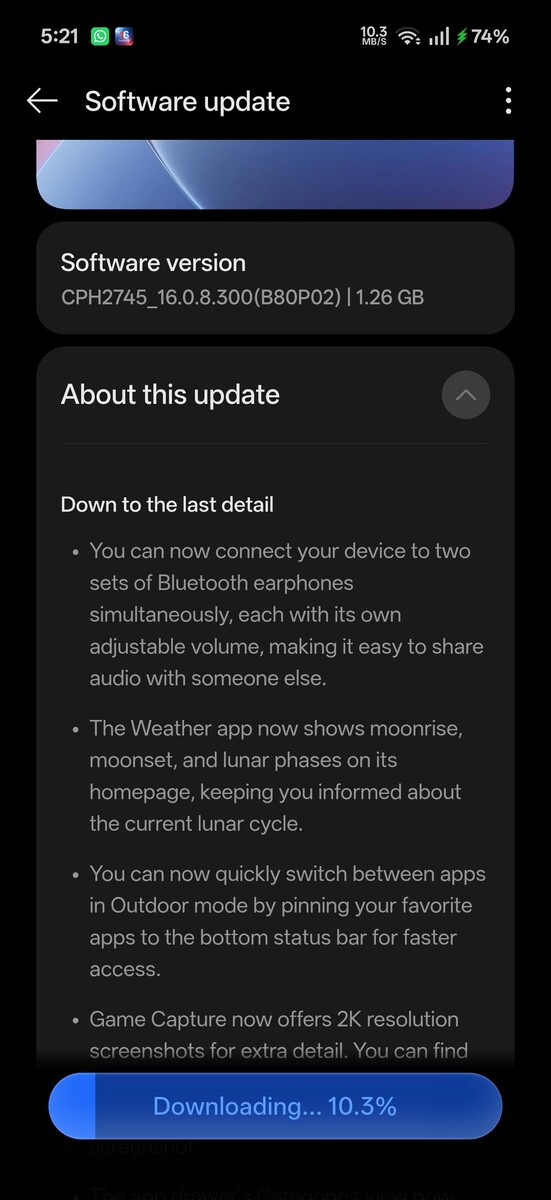 Az OxygenOS 16.0.8.300 OTA frissítés letöltése egy OnePlus 15 készüléken