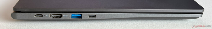 Bal oldalon: USB-C 3.2 Gen.1 (5 Gbit/s, DisplayPort, Power Delivery), HDMI 1.4b, USB-A 3.2 (5 Gbit/s), USB-C 3.2 Gen.1 (5 Gbit/s, DisplayPort, Power Delivery)