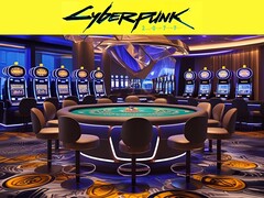 Cyberpunk 2077 logó a futurisztikus kaszinó felett (Kép forrása: Rockstar Games, szerkesztés)