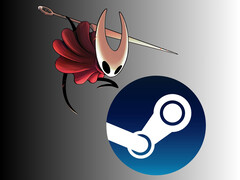 Hornet a Hollow Knightból: Silksong a Steam logó felett (Kép forrása: Team Cherry, Steam, szerkesztve)