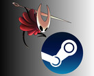Hornet a Hollow Knightból: Silksong a Steam logó felett (Kép forrása: Team Cherry, Steam, szerkesztve)
