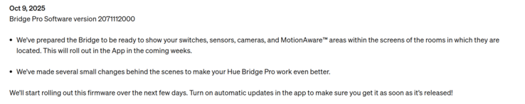 Az első Philips Hue Bridge Pro frissítés kiadási megjegyzései. (Kép forrása: Philips Hue)
